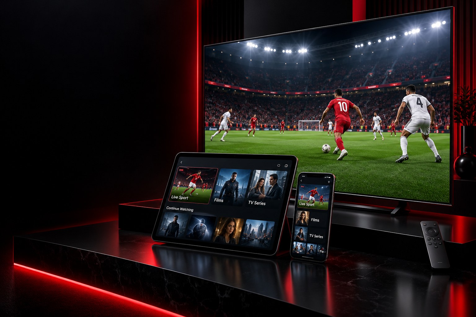 Television showing live football with a tablet and phone displaying streaming menus